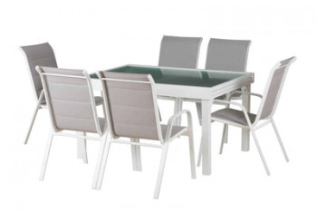 ROMA 135 WHITE | שולחן אלומיניום-זכוכית ושישה כיסאות אוכל לחצר